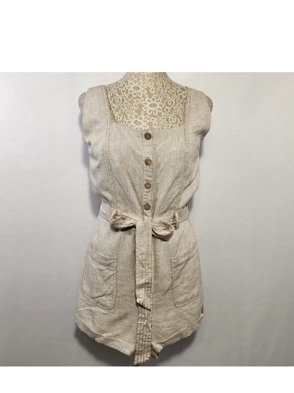 Shinestar Women Size M Linen Blend Button Front Sleeveless Belted Romper Casual